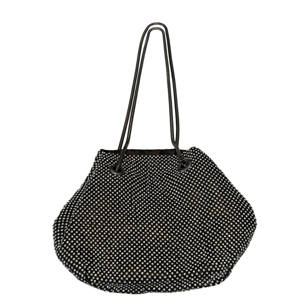 Rhinestone Mesh Evening Bag Silver Black Sparkl Snake Chain Handle Slouchy Pouch
